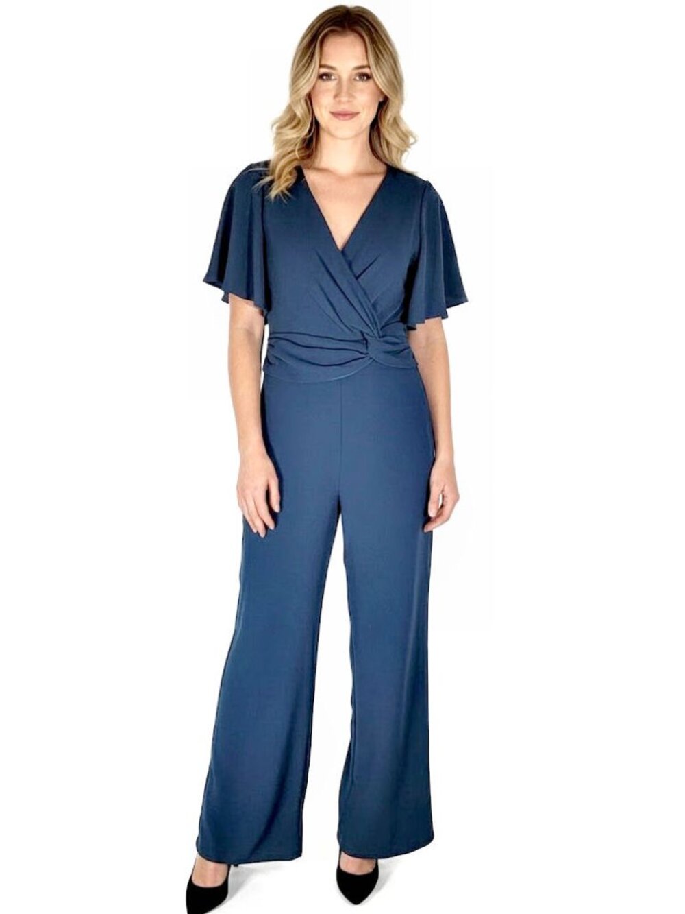 Harlyn V-Neck Jumpsuit with Twisted Waist Detail, Blue, Womens Size X-Small